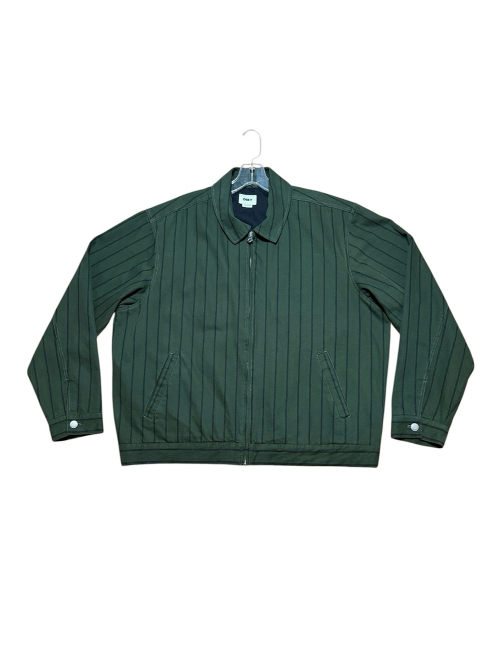 Obey Cotton Canvas Stripe Zip Up Jacket In Duffle Bag Multi(Green/Navy) Sz L